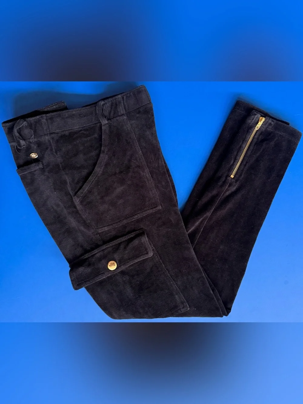 Juicy Couture 2010 Black Velour Cargo Pants Petite Gold Ankle Zip Y2K